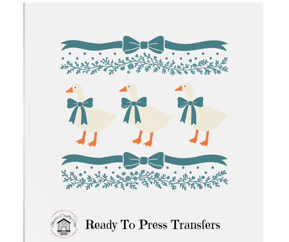 Vintage Geese With Blue Ribbon Old Bakewareish- DTF Transfer Print- Ready To Press