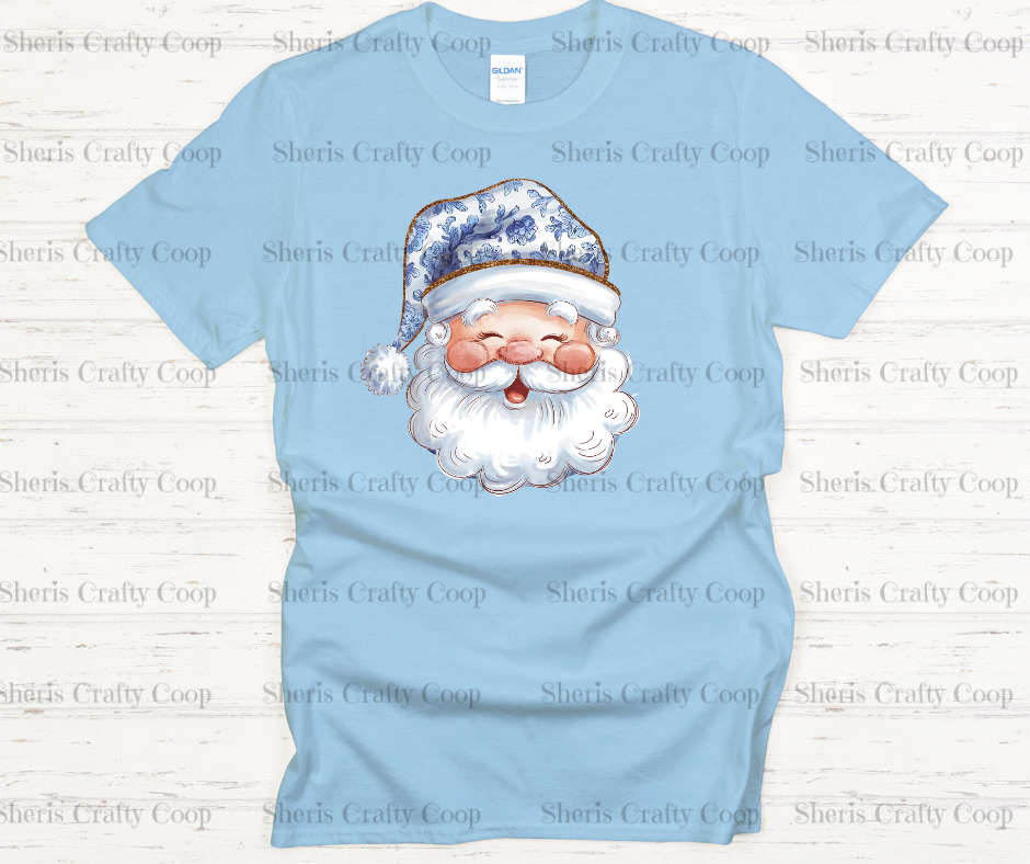 Retro Santa Blue Floral Chinoiserie- DTF Transfer Print- Ready To Press