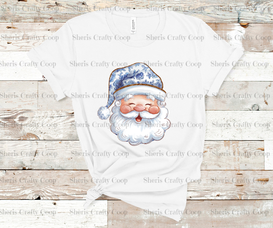 Retro Santa Blue Floral Chinoiserie- DTF Transfer Print- Ready To Press