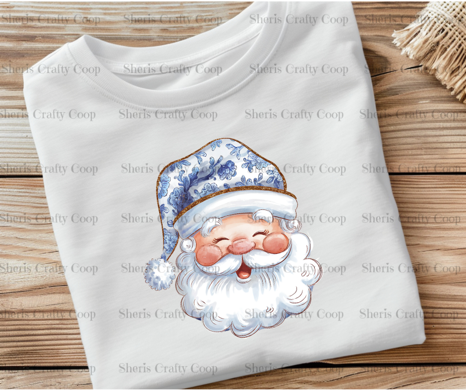 Retro Santa Blue Floral Chinoiserie- DTF Transfer Print- Ready To Press