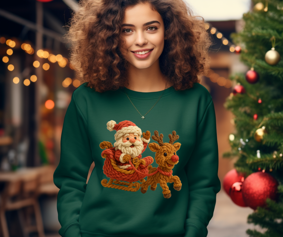 Santas Sleigh With Rudolph-Faux Yarn-DTF Transfer Print(Only) Ready To Press
