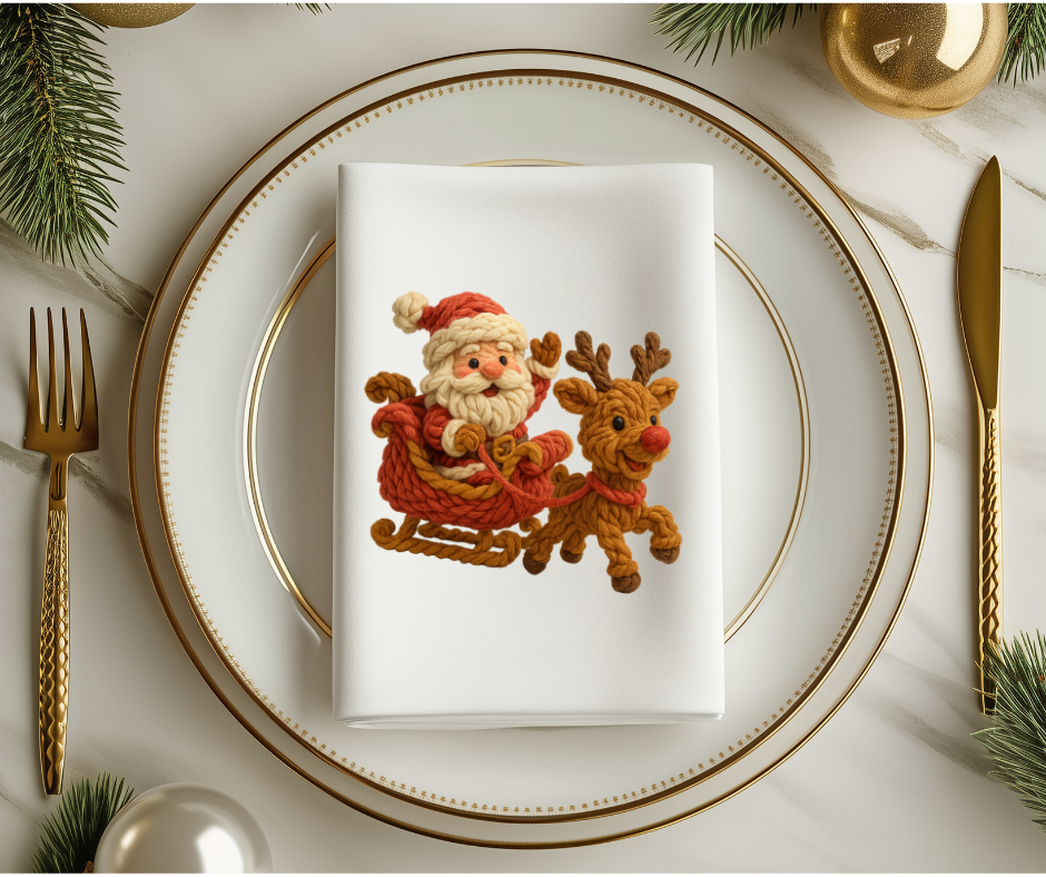 Santas Sleigh With Rudolph-Faux Yarn-DTF Transfer Print(Only) Ready To Press