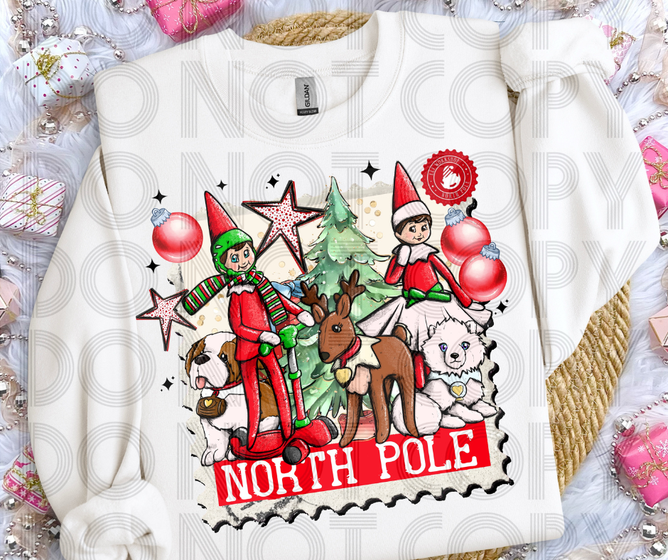Elf And Friends North Pole-DTF Transfer Print- Ready To Press