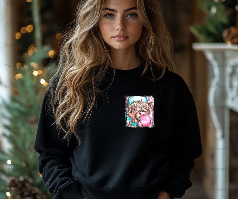 Retro Highland Cow Popping Bubble- Christmas- DTF Transfer Print- Ready To Press