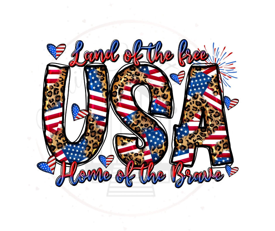 Land Of The Free Home Of The Brave USA Leopard Print DTF Transfer Print(Only) Ready To Press