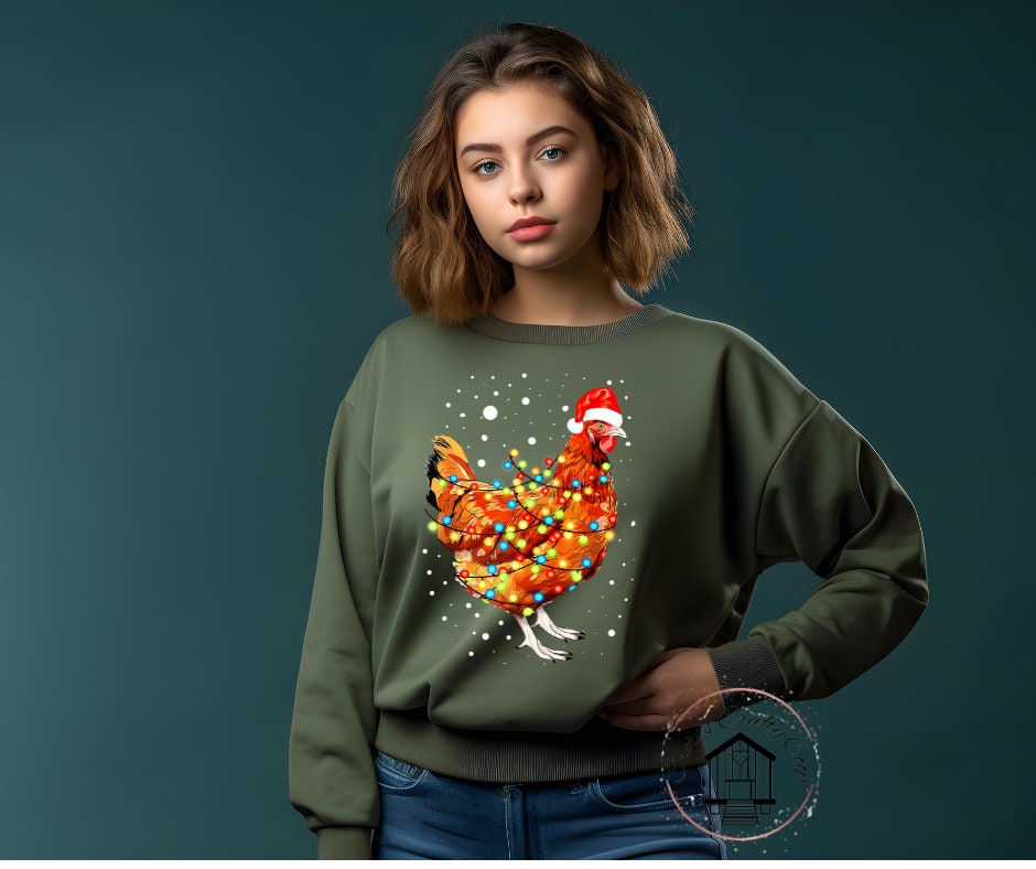 Christmas Chicken With Lights And Santa Hat DTF Transfer Print (Only) Ready To Press