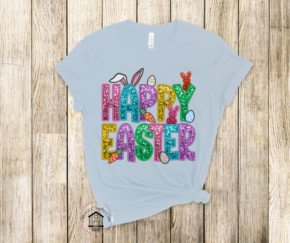 Happy Easter Pastel Faux Glitter Faux Sequin DTF Transfer Print Ready To Press