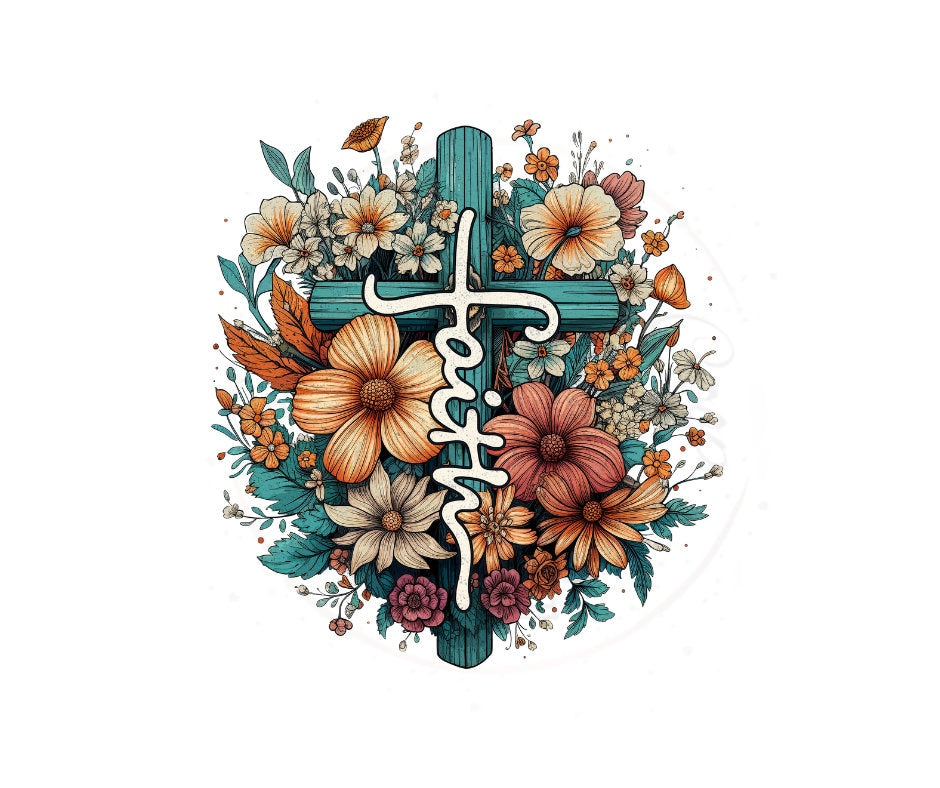 Faith Cross And Flowers DTF Transfer Print Ready To Press
