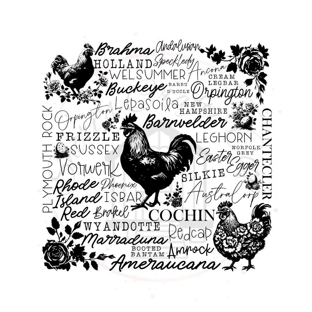 Chicken Breeds Word Art DTF Transfer Print Ready To Press