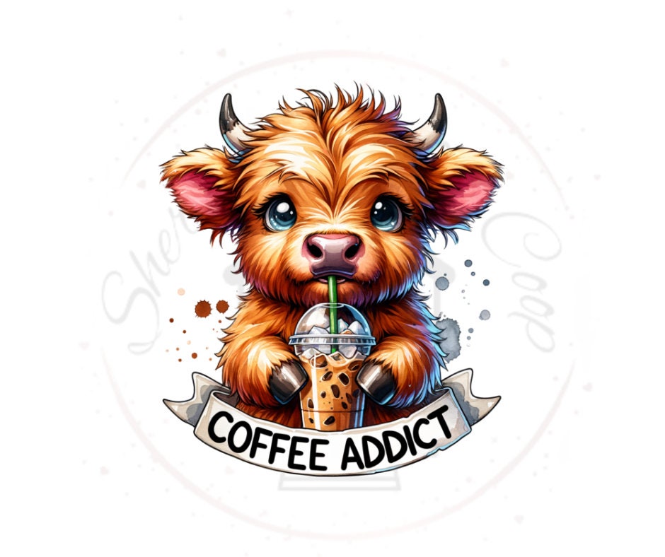 Coffee Addict Cute Highland Cow DTF Transfer Print Ready To Press