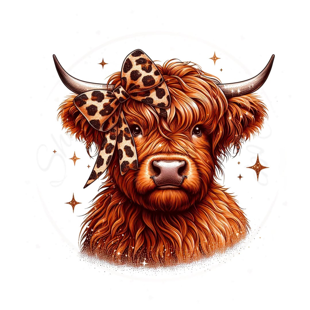 Cute Highland Cow With Leopard Print Bow DTF Transfer Print Ready To Press