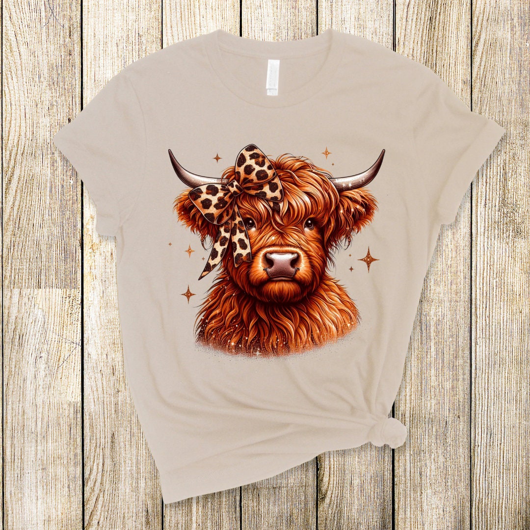 Cute Highland Cow With Leopard Print Bow DTF Transfer Print Ready To Press