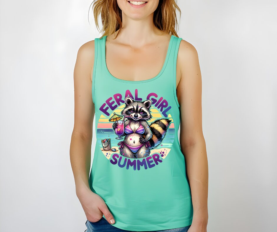 Feral Girl Summer Raccoon - DTF Transfer Print - Ready to Press