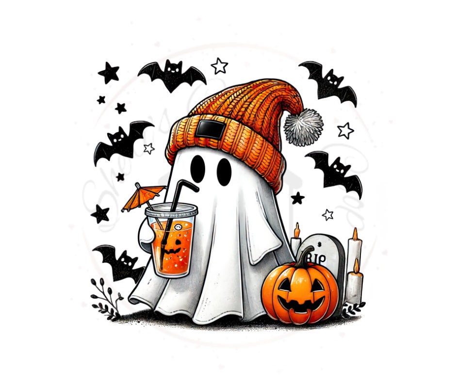Batty Ghost With Tumbler-Cute Ghost Halloween DTF Transfer Print- Ready To Press