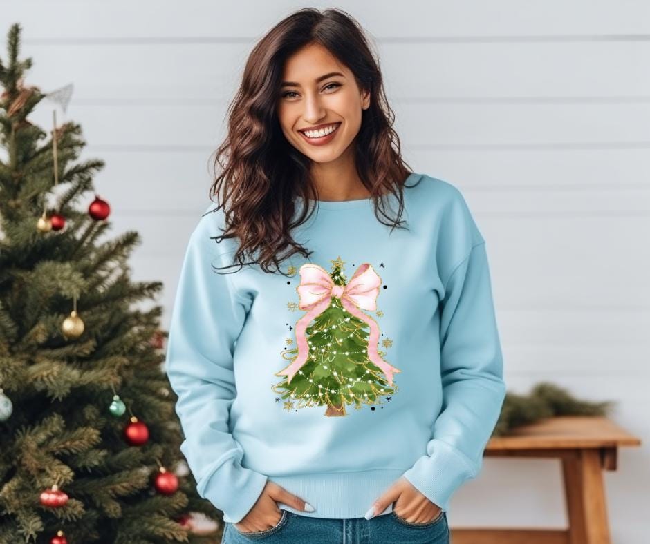 Christmas Tree With Pink Coquette Bow- Christmas DTF Transfer Print- Ready To Press