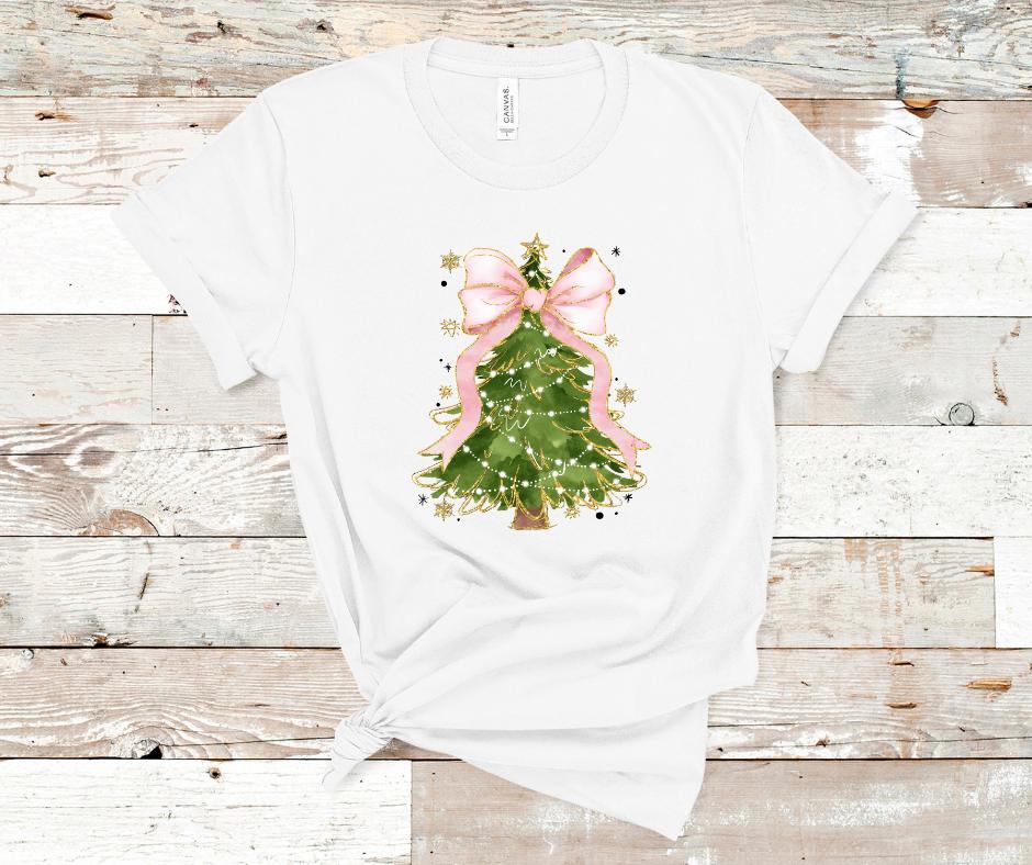 Christmas Tree With Pink Coquette Bow- Christmas DTF Transfer Print- Ready To Press