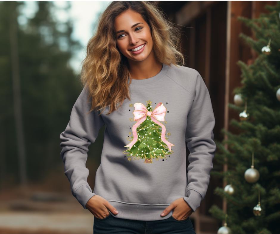 Christmas Tree With Pink Coquette Bow- Christmas DTF Transfer Print- Ready To Press