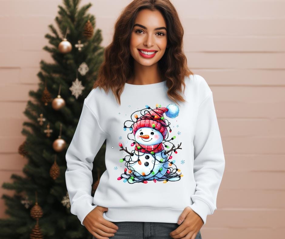 Cute Christmas Snowman With Christmas Lights- DTF Transfer Print- Ready To Press