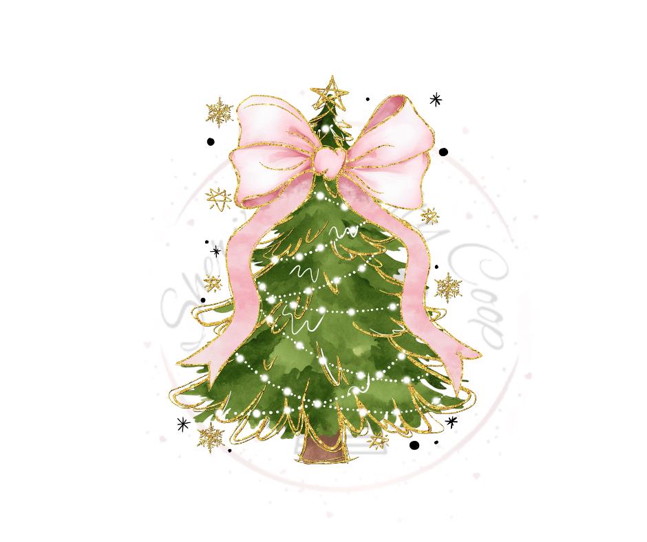 Christmas Tree With Pink Coquette Bow- Christmas DTF Transfer Print- Ready To Press