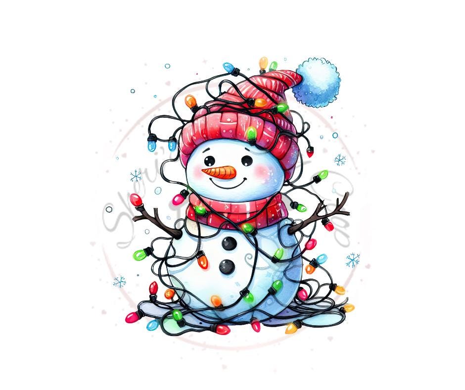 Cute Christmas Snowman With Christmas Lights- DTF Transfer Print- Ready To Press