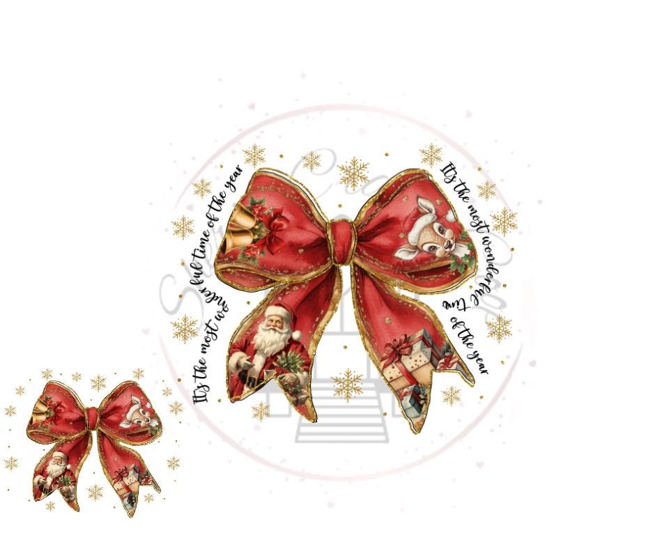 Vintage Christmas Coquette Bow With Reindeer- Christmas DTF Transfer Print- Ready To Press