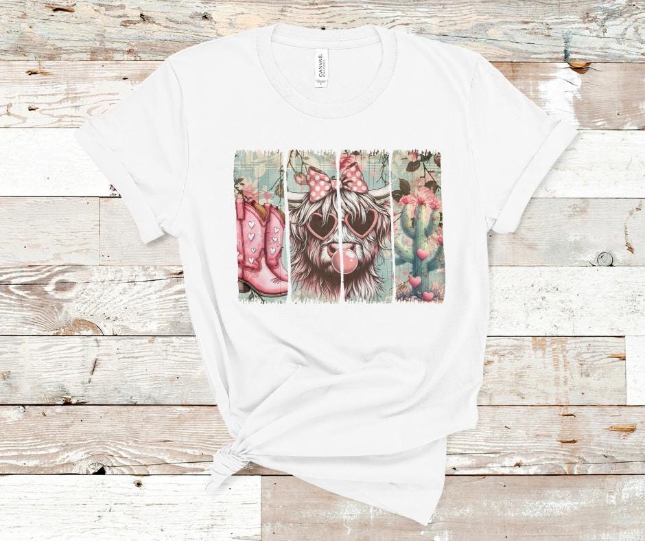 Retro Vintage Cowgirl Valentines- Highland Cow Valentines Day DTF Transfer Prints- Ready To Press