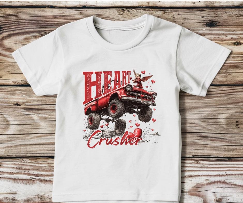 Heart Crusher- Big Red Truck- Valentines Day DTF Transfer Prints-Ready To Press