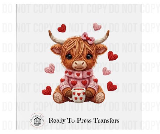 Adorable Knitted Highland Cow-Valentines Day DTF Transfer Prints- Ready To Press