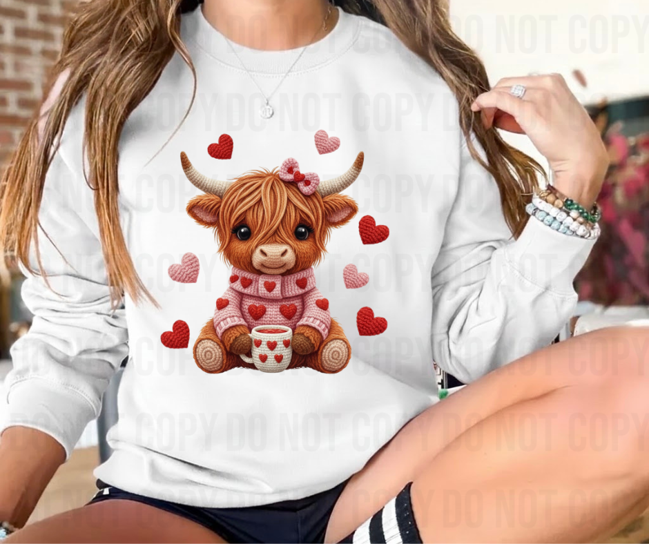 Adorable Knitted Highland Cow-Valentines Day DTF Transfer Prints- Ready To Press