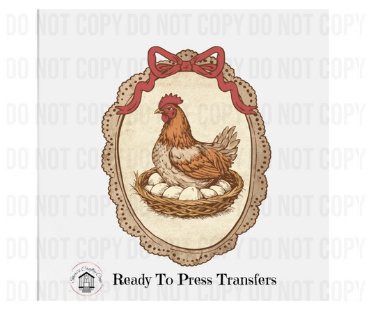 Vintage Hen Shirt, Cottagecore Chicken Graphic Farmhouse Aesthetic Hen on Nest, Shabby Chic Country DTF Transfer Ready To Press