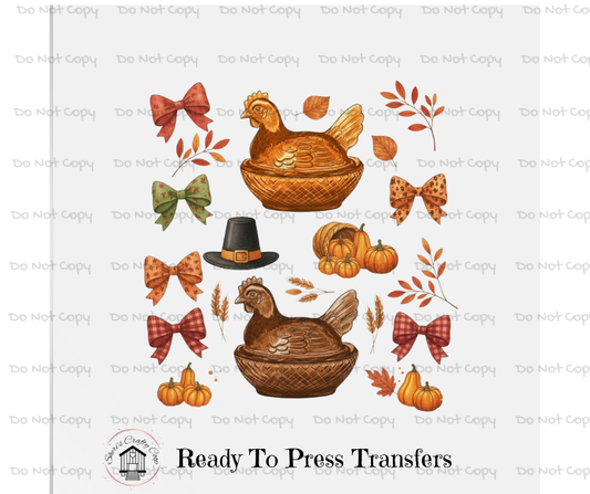 Hen On A Nest Vintage Thanksgiving With Bows- DTF Transfer Print- Ready To Press