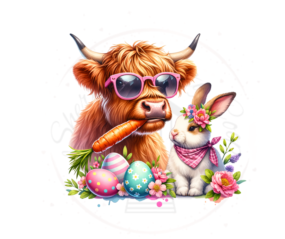 Easter Highland Cow & Bunny DTF Transfer Print(Only) Ready To Press