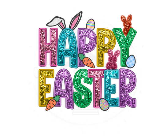 Happy Easter Faux Sequin DTF Transfer Print(Only) Ready To Press