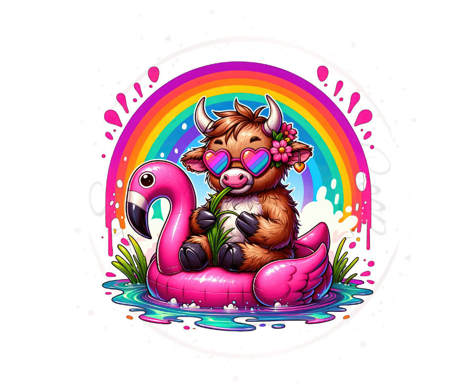 Cute Summer Highland Cow Flamingo Float  DTF Transfer Print(Only) Ready To Press