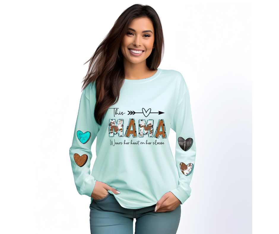 This Mama Wears Her Heart On Her Sleeve Cowhide Print Comfort Colors Soft Comfy Longsleeved Top