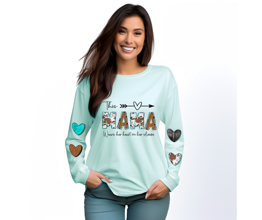 This Mama Wears Her Heart On Her Sleeve Cowhide Print Comfort Colors Soft Comfy Longsleeved Top