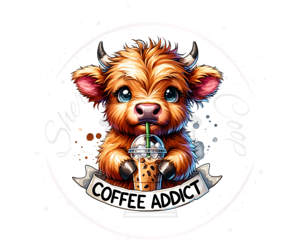 Coffe Addict  Highland Cow Full Colored DTF Transfer Print(Only) Ready To Press