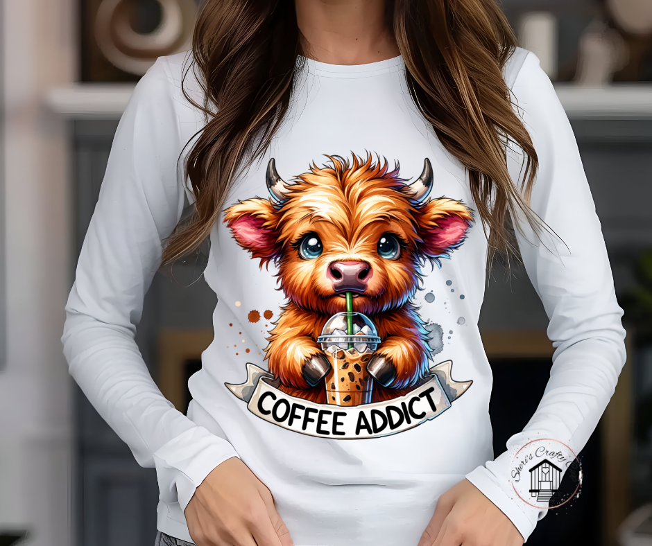 Coffe Addict  Highland Cow Full Colored DTF Transfer Print(Only) Ready To Press