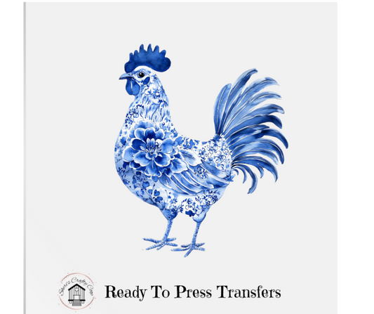 Vintage Blue Toile Cottagecore Chicken -DTF Transfer Print- Ready To Press