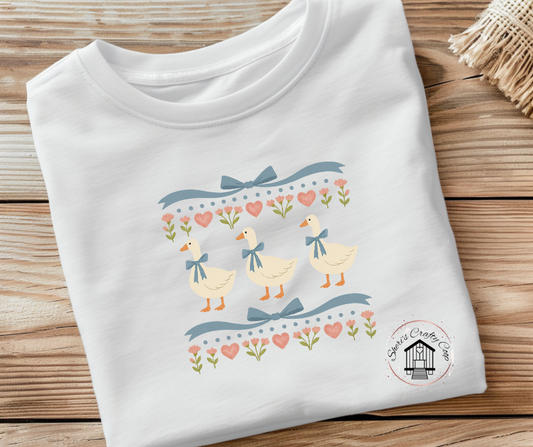 Vintage Geese-Blue Ribbon And Hearts-CottageCore  Soft Comfy tee