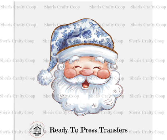 Retro Santa Blue Floral Chinoiserie- DTF Transfer Print- Ready To Press