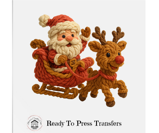 Santas Sleigh With Rudolph-Faux Yarn-DTF Transfer Print(Only) Ready To Press