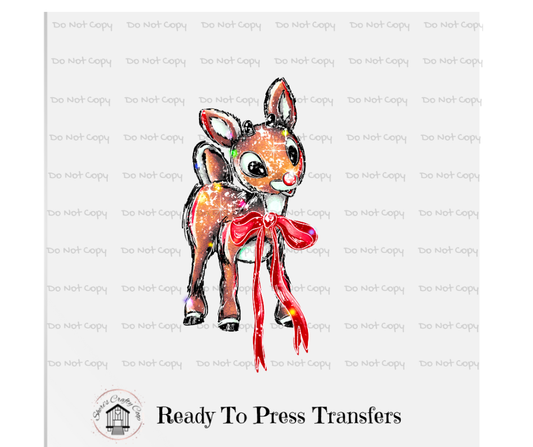 Adorable Red Nosed Reinderer Chrismas- DTF Transfer Print(Only) Ready To Press