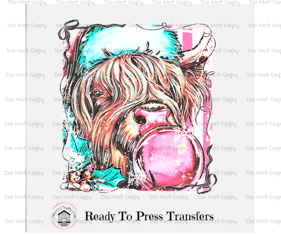 Retro Highland Cow Popping Bubble- Christmas- DTF Transfer Print- Ready To Press