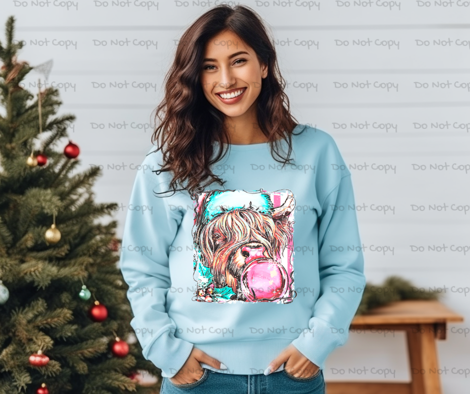 Retro Highland Cow Popping Bubble- Christmas- DTF Transfer Print- Ready To Press