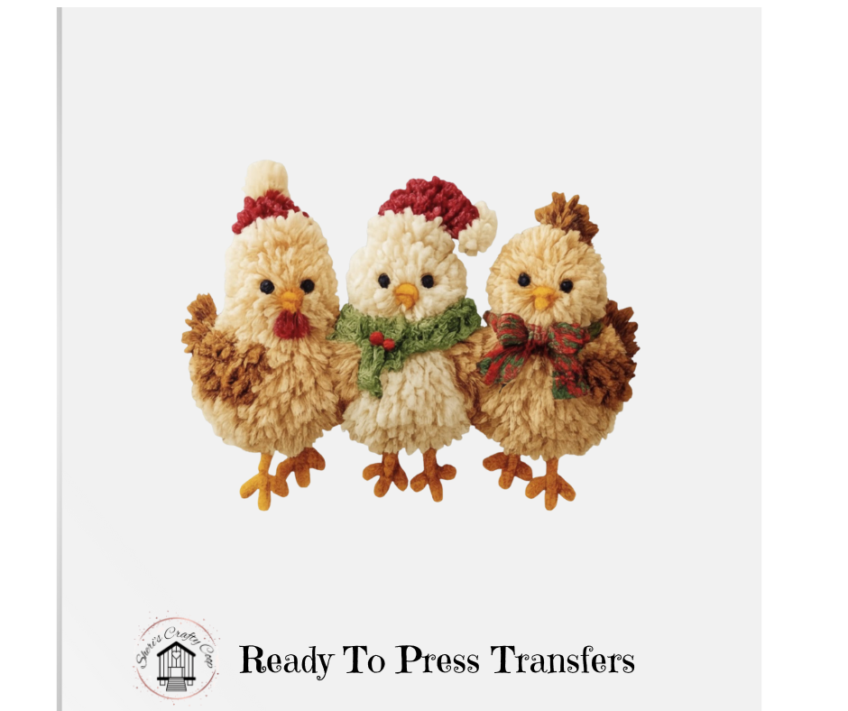 Cute Fuzzy Christmas Chickens Latchhook Yarn- DTF Transfer Print- Ready To Press