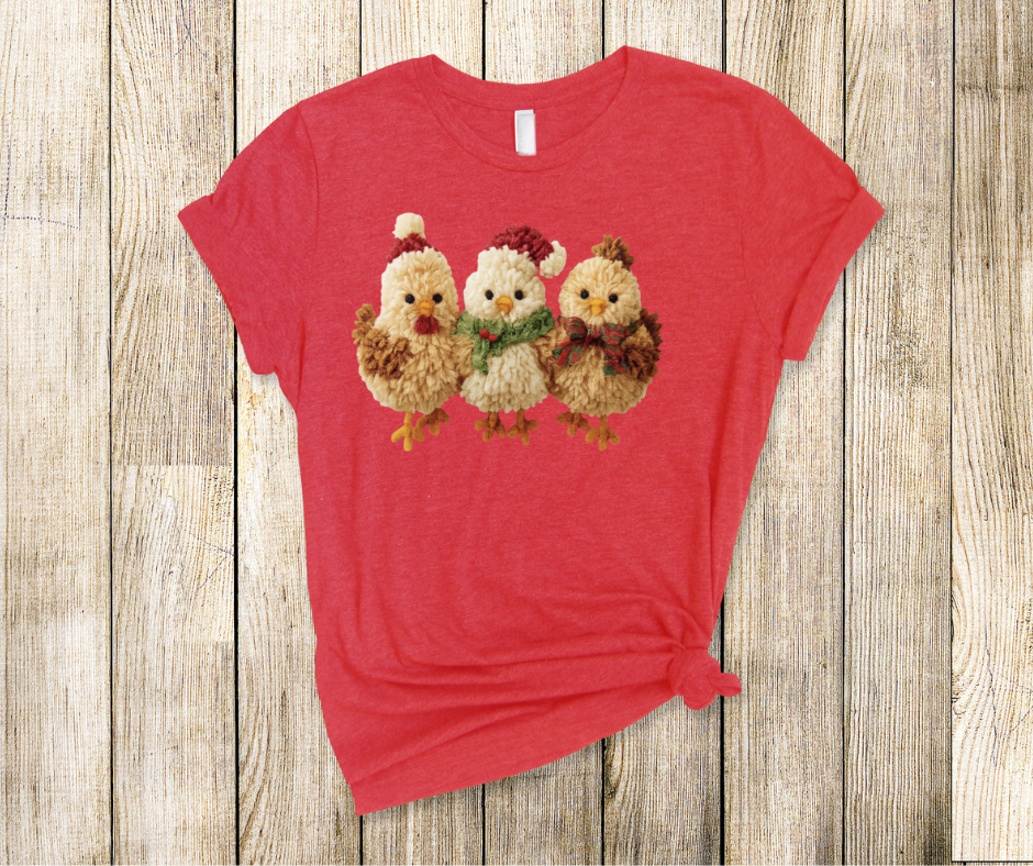 Cute Fuzzy Christmas Chickens Latchhook Yarn- DTF Transfer Print- Ready To Press