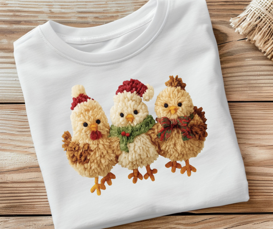 Cute Fuzzy Christmas Chickens Latchhook Yarn- DTF Transfer Print- Ready To Press