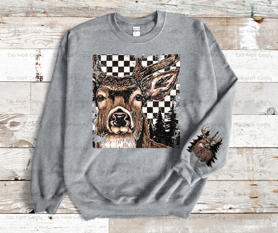 Retro Checkered Deer With  Matching Sleeve-Camo DTF Transfer Prints- Ready To Press