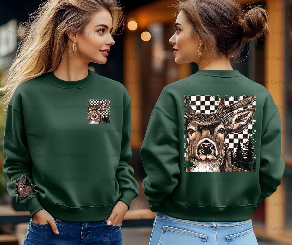 Retro Checkered Deer With  Matching Sleeve-Camo DTF Transfer Prints- Ready To Press